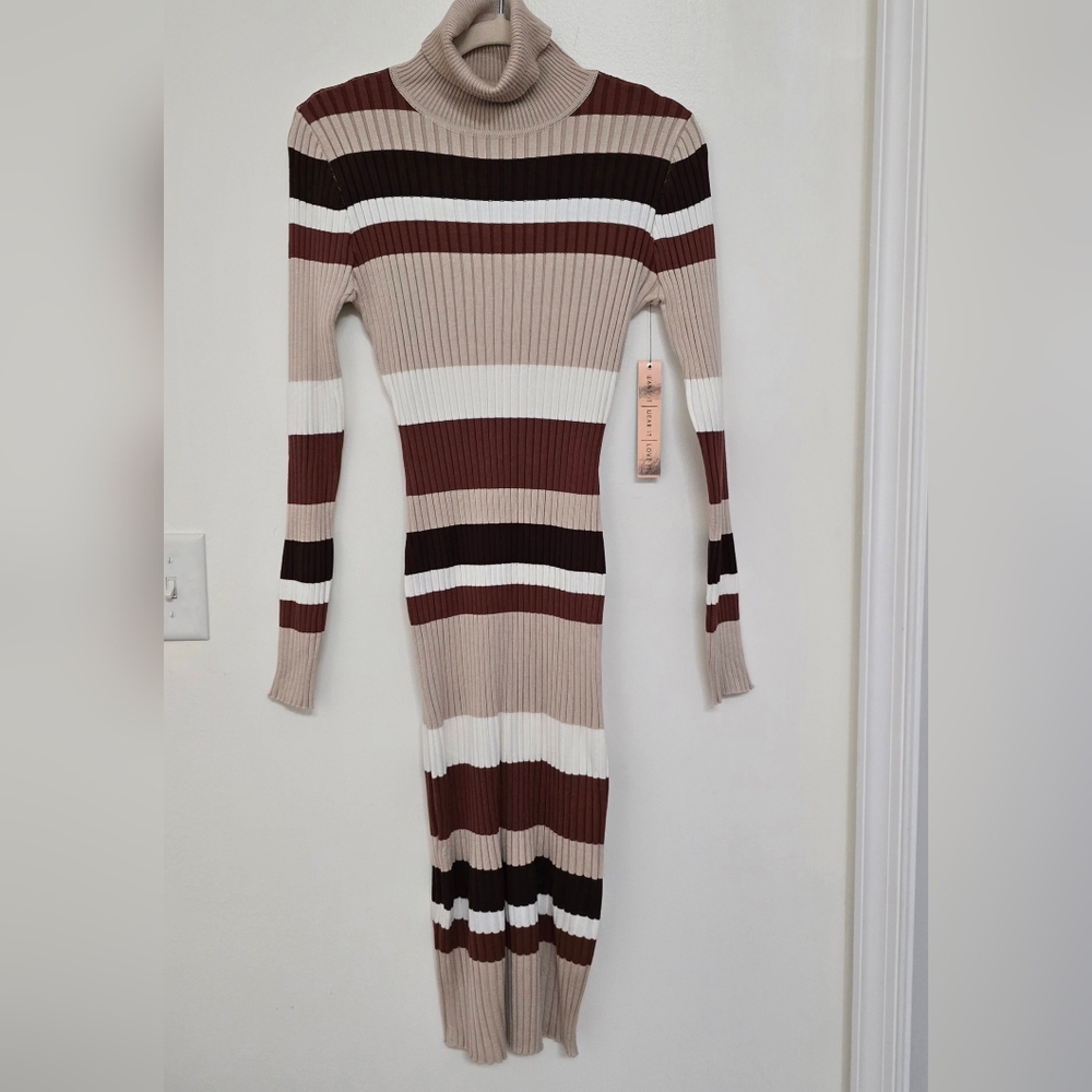 Neutral Tone Striped Ribbed Turtleneck Bodycon Dress Size M - Picture 2 of 11